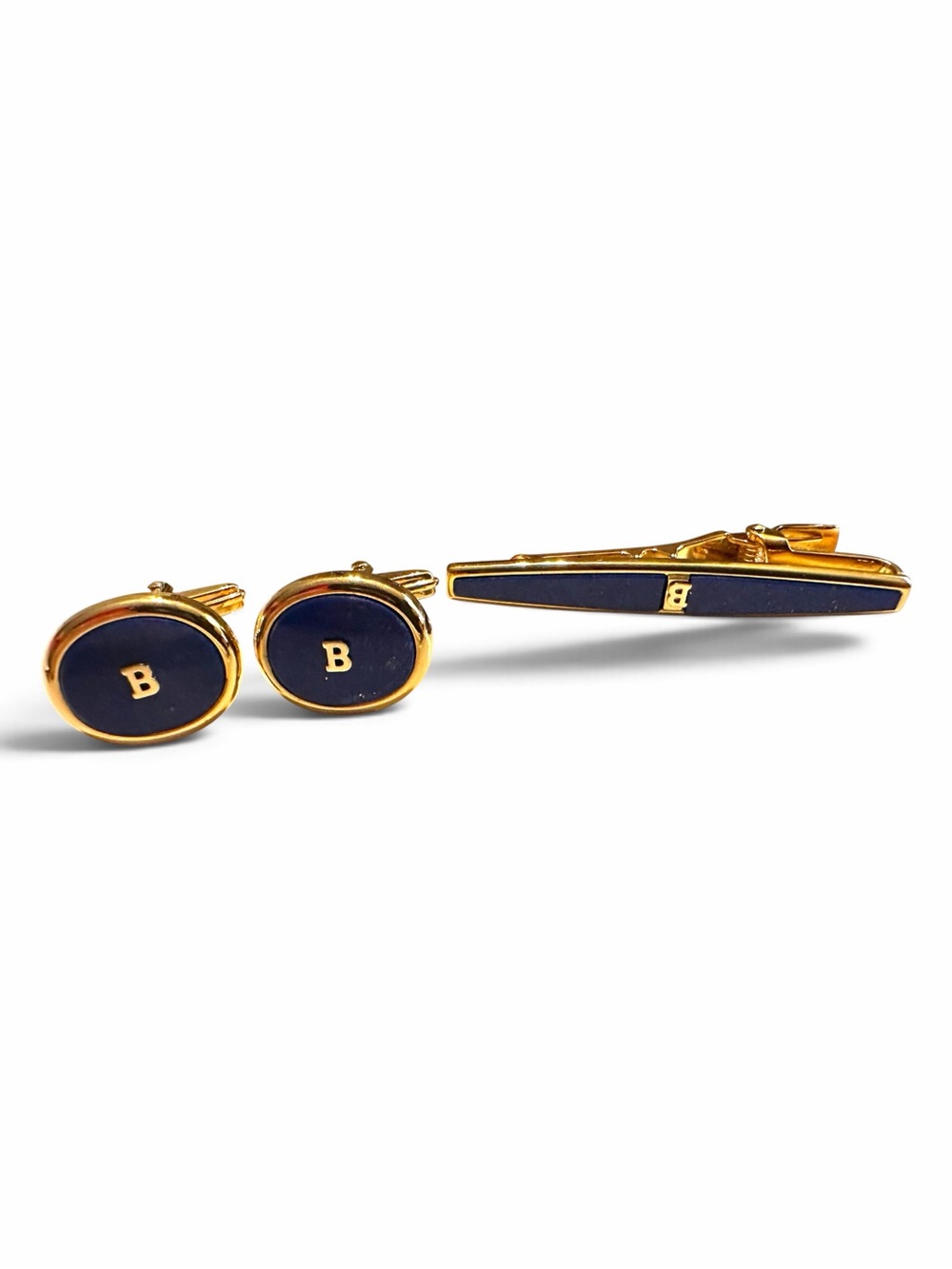 Vintage Bally Germany Gold Plated Cobalt Blue Cufflinks & Tie Bar Set